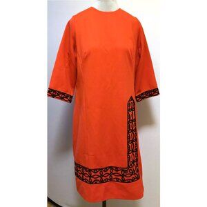Lady Mendel 1970s Chinese red poly crepe shift with black soutache trim